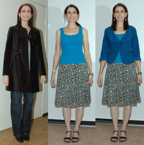 Black velvet coat and geometric print skirt outfits