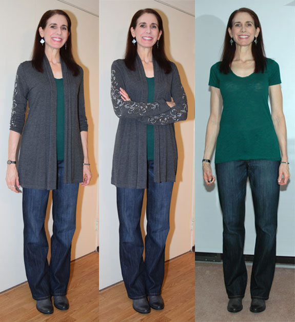 grey cardigan "chicken outfit"